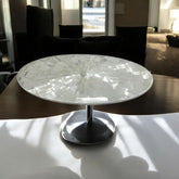 Round Selenite Crystal Accent Table with Sleek Modern Pedestal Base Handmade Radiant Inlay